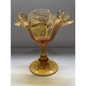 Red Cliff Amber Glass Grape Pattern Footed Ruffled Edge Compote Dish
